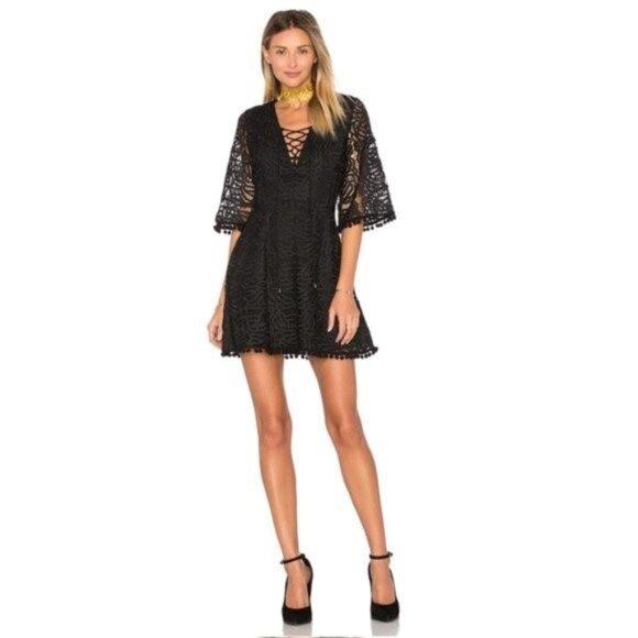 Tularosa x Revolve Onyx Black Lace Up Coal Lace Mini Dress - Picture 1 of 7